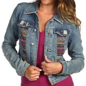 EUC Free People Aztec Baja Distressed Denim Jean Jacket Cabo Wash Size 10
